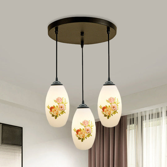 Minimalism Oval Multi Lamp Pendant - 3 White Frosted Glass Heads Black Suspension Light / B Round