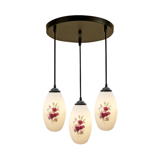 Oval Multi-Pendant Modern Ceiling Hang Fixture - 3 Lights Black Finish White Printed Glass
