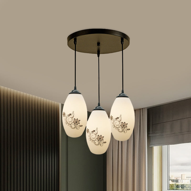 Oval Multi-Pendant Modern Ceiling Hang Fixture - 3 Lights Black Finish White Printed Glass