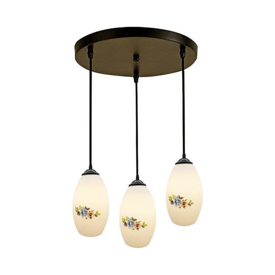 Oval Multi-Pendant Modern Ceiling Hang Fixture - 3 Lights Black Finish White Printed Glass