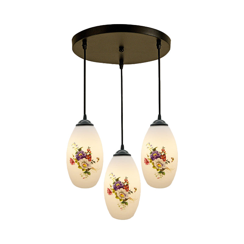 Oval Multi-Pendant Modern Ceiling Hang Fixture - 3 Lights Black Finish White Printed Glass
