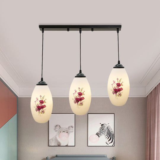 Oval Multi-Pendant Modern Ceiling Hang Fixture - 3 Lights Black Finish White Printed Glass