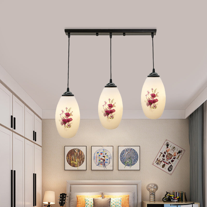 Oval Multi-Pendant Modern Ceiling Hang Fixture - 3 Lights Black Finish White Printed Glass