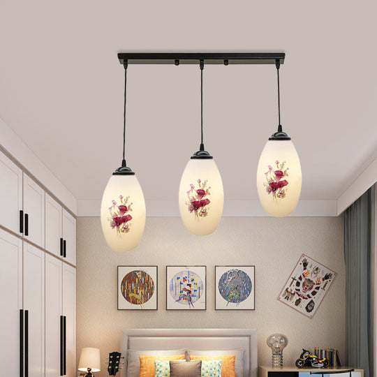 Oval Multi-Pendant Modern Ceiling Hang Fixture - 3 Lights Black Finish White Printed Glass