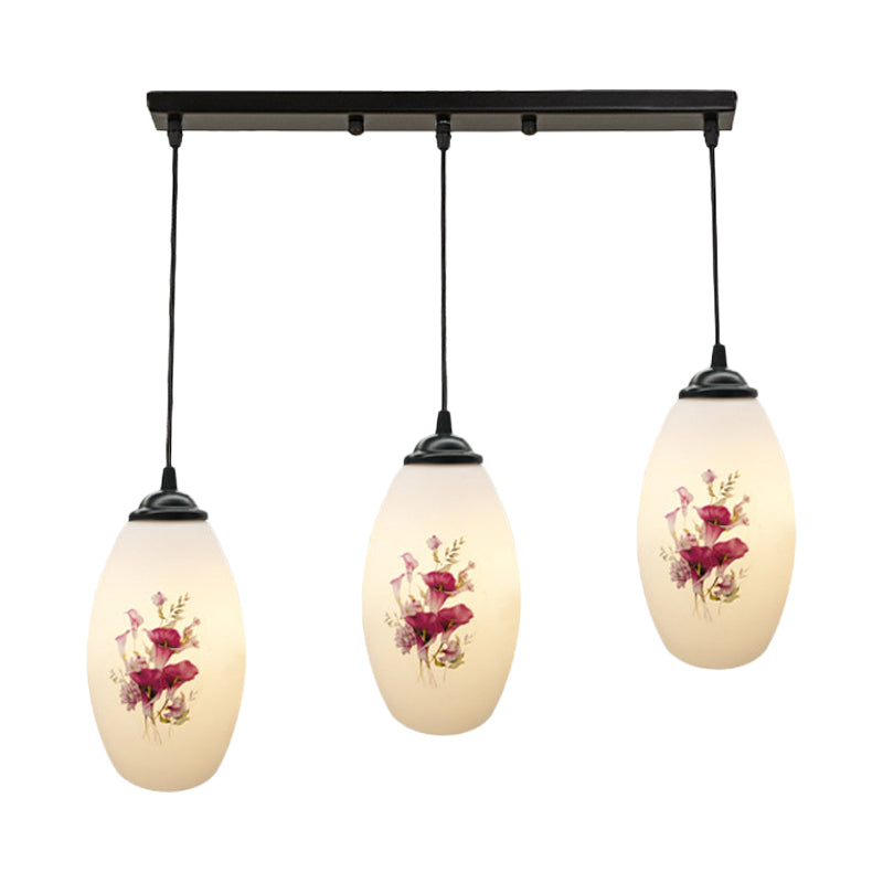 Oval Multi-Pendant Modern Ceiling Hang Fixture - 3 Lights Black Finish White Printed Glass