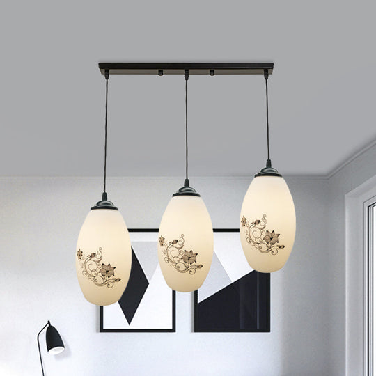 Oval Multi-Pendant Modern Ceiling Hang Fixture - 3 Lights Black Finish White Printed Glass