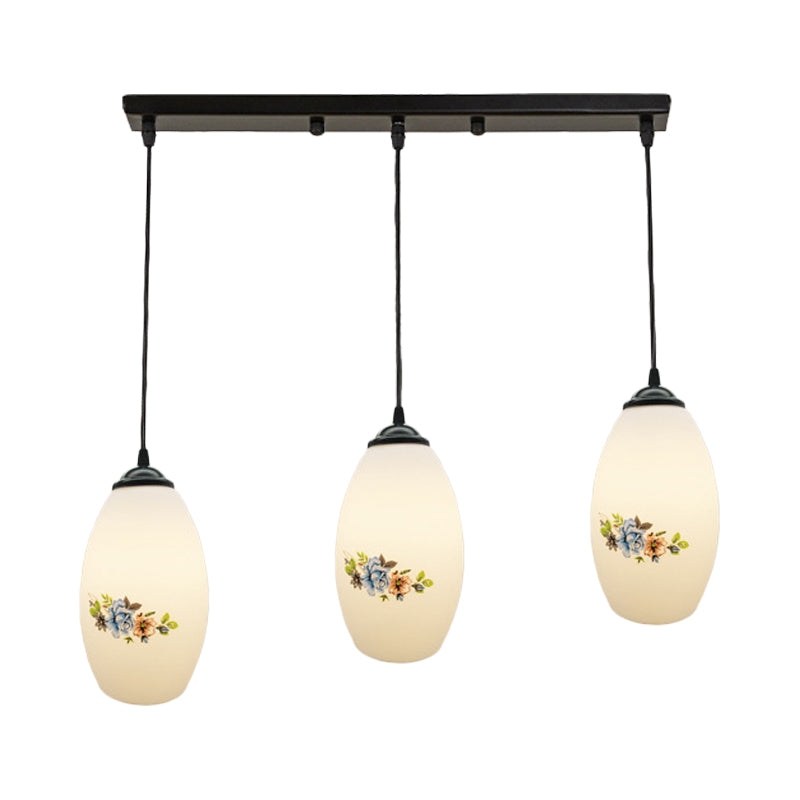 Oval Multi-Pendant Modern Ceiling Hang Fixture - 3 Lights Black Finish White Printed Glass