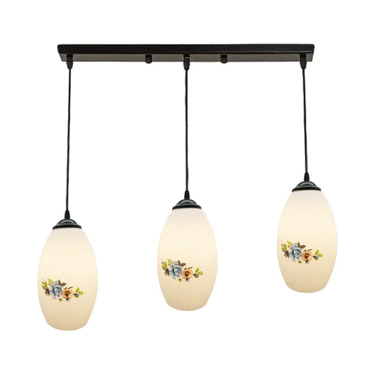 Oval Multi-Pendant Modern Ceiling Hang Fixture - 3 Lights Black Finish White Printed Glass