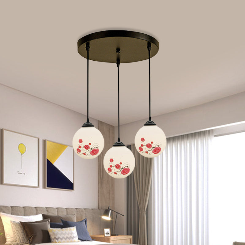 Modern Black Multi-Pendant Hanging Light Kit With Flower Pattern And Frosted Glass