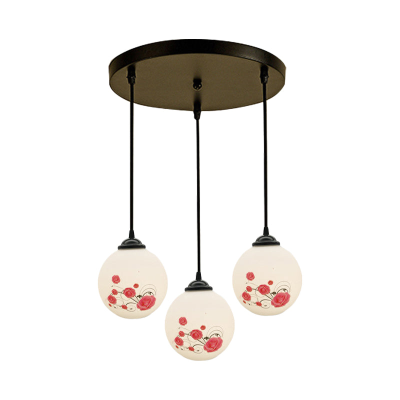Modern Black Multi-Pendant Hanging Light Kit With Flower Pattern And Frosted Glass