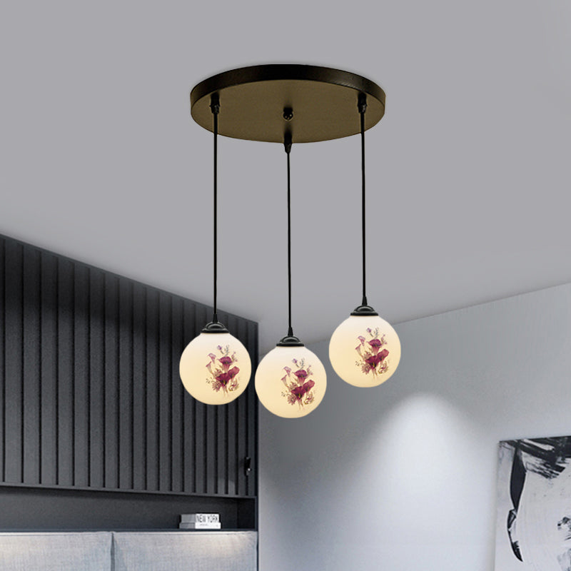 Modern Black Multi-Pendant Hanging Light Kit With Flower Pattern And Frosted Glass