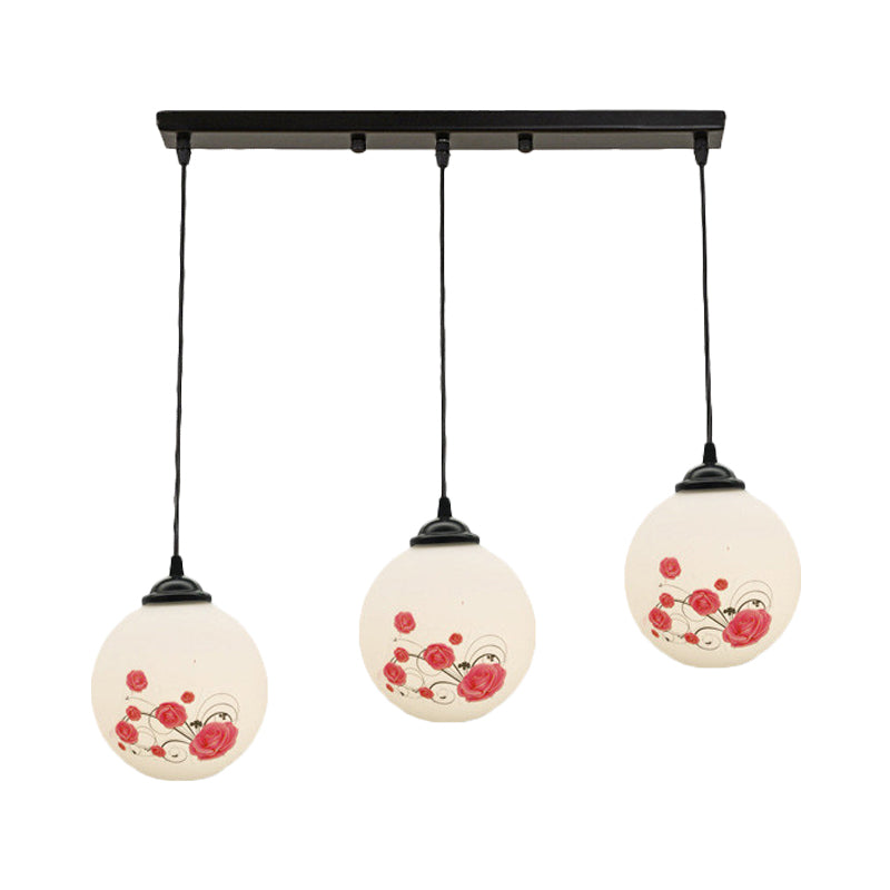 Modern Black Multi-Pendant Hanging Light Kit With Flower Pattern And Frosted Glass