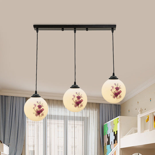 Modern Black Multi-Pendant Hanging Light Kit With Flower Pattern And Frosted Glass
