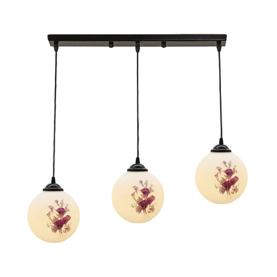 Modern Black Multi-Pendant Hanging Light Kit With Flower Pattern And Frosted Glass