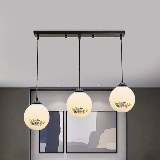 Modern Black Multi-Pendant Hanging Light Kit With Flower Pattern And Frosted Glass