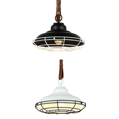 Vintage Bowl Shade Pendant Light with Wire Guard and Leather Strap in Black/White