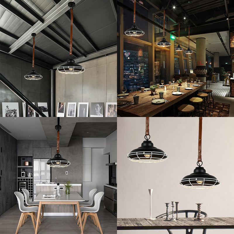 Vintage Bowl Shade Pendant Light with Wire Guard and Leather Strap in Black/White