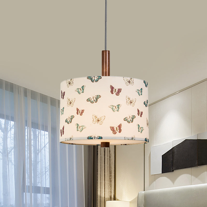 Korean Country Style Drum Fabric Hanging Pendant - White With Butterfly Pattern