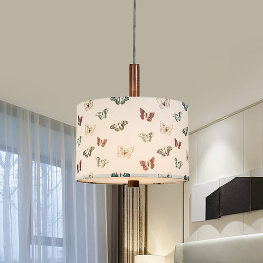 Korean Country Style Drum Fabric Hanging Pendant - White With Butterfly Pattern