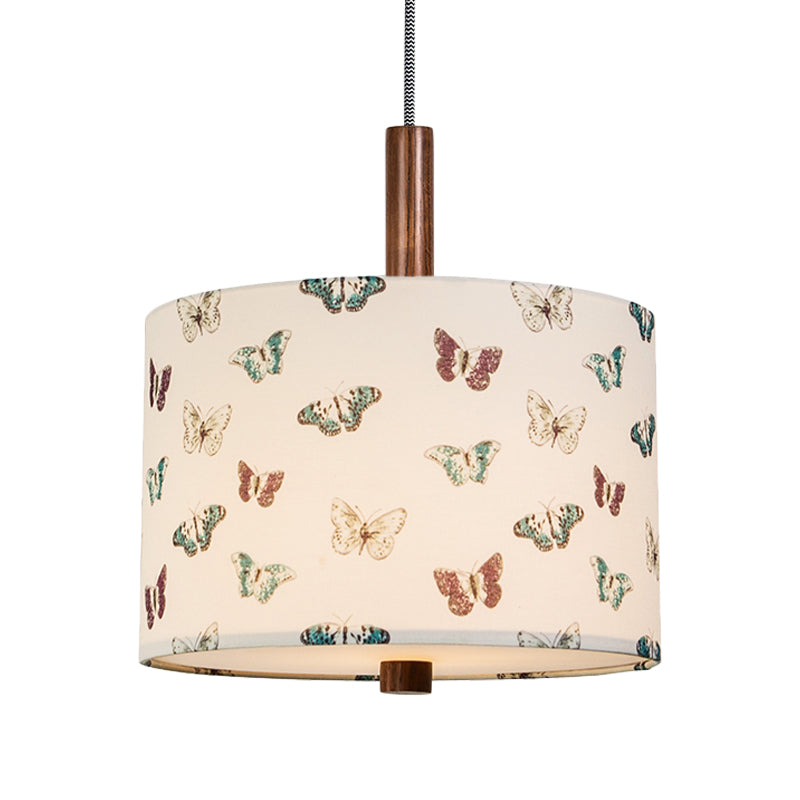 Korean Country Style Drum Fabric Hanging Pendant - White With Butterfly Pattern