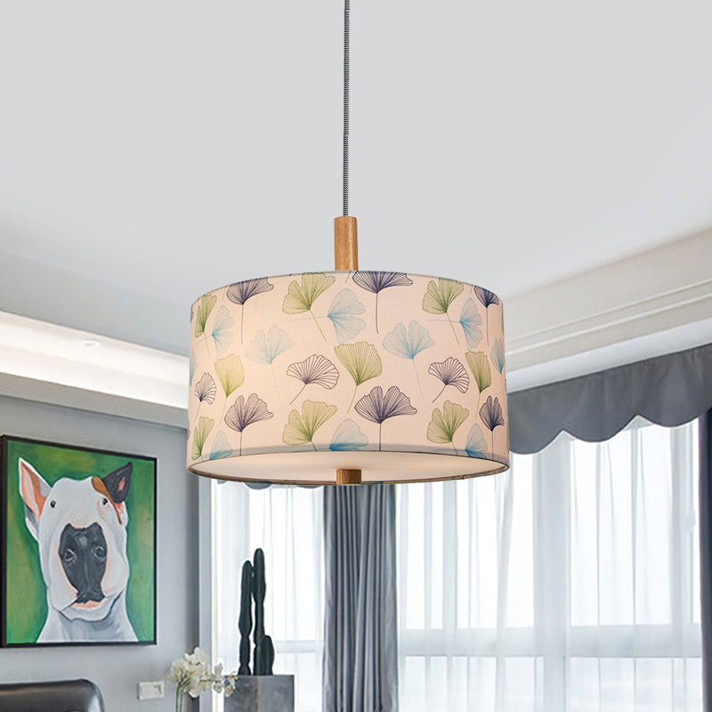 Ginkgo Leaves Suspension Light - Countryside White Drum Ceiling Pendant Lamp