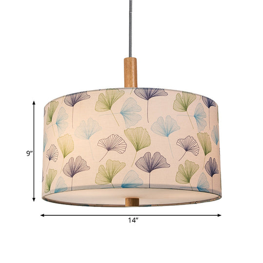 Ginkgo Leaves Suspension Light - Countryside White Drum Ceiling Pendant Lamp
