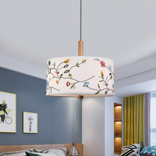 Korean Countryside Pendulum Light Drum Hanging Lamp With Embroidery Design - Fabric White 1 Head Kit
