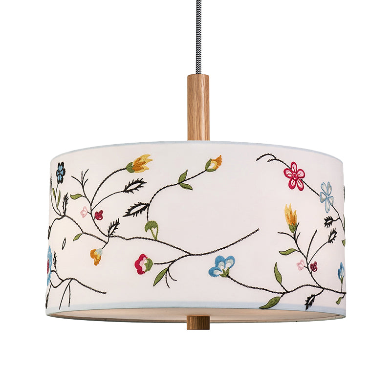 Korean Countryside Pendulum Light Drum Hanging Lamp With Embroidery Design - Fabric White 1 Head Kit
