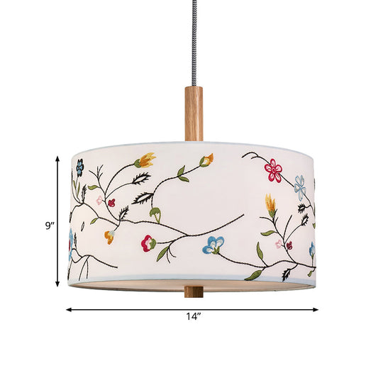 Korean Countryside Pendulum Light Drum Hanging Lamp With Embroidery Design - Fabric White 1 Head Kit