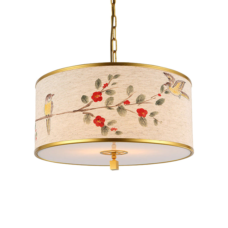Korean Beige Fabric Drum Pendant Light With Bird And Branch Pattern
