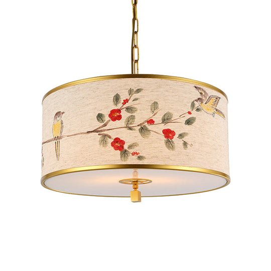Korean Beige Fabric Drum Pendant Light With Bird And Branch Pattern