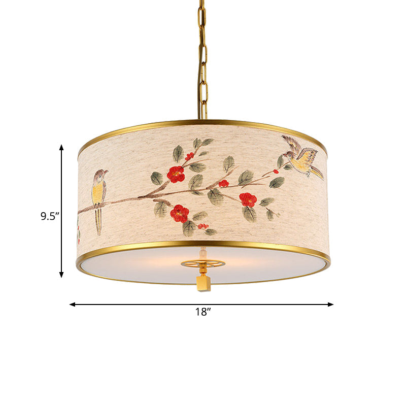 Korean Beige Fabric Drum Pendant Light With Bird And Branch Pattern