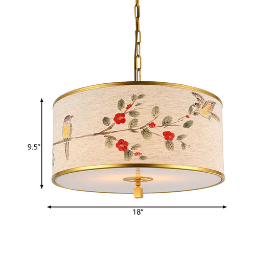 Korean Beige Fabric Drum Pendant Light With Bird And Branch Pattern