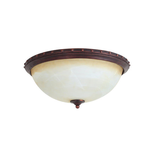 Traditional Opal Glass Bowl Flush Light Fixture - 2-Head Foyer Ceiling Flush Mount (Brown)