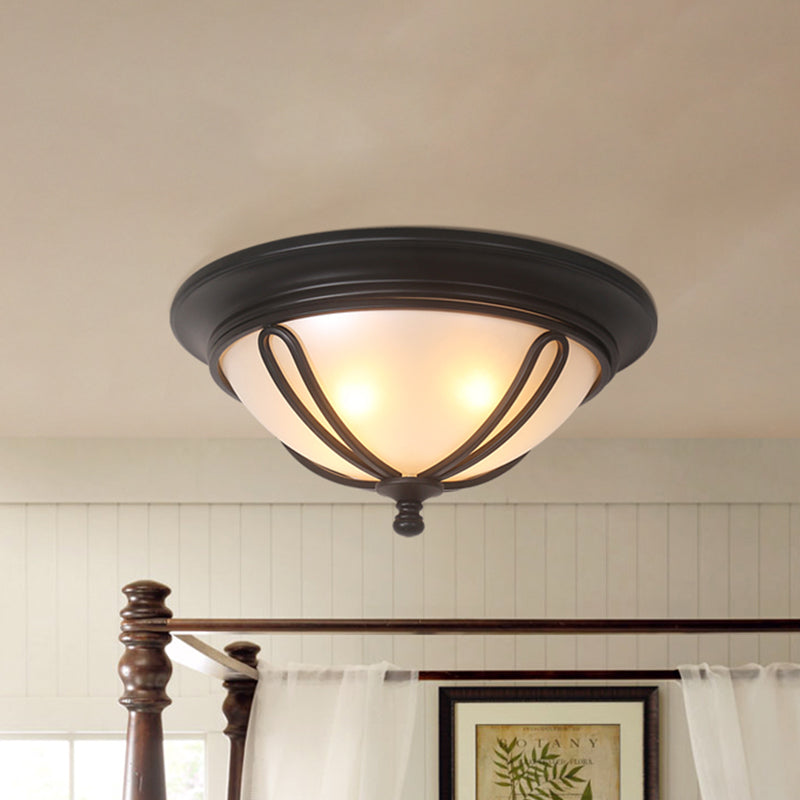 Antique Milk Glass Flush Mount Light with Metal Cage Frame - Black Finish, 4 Bulb Flush Lamp