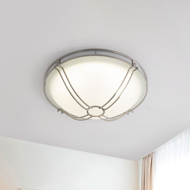 LED White Glass Flush Mount Ceiling Light with Metal Cage - Country Dome Fixture