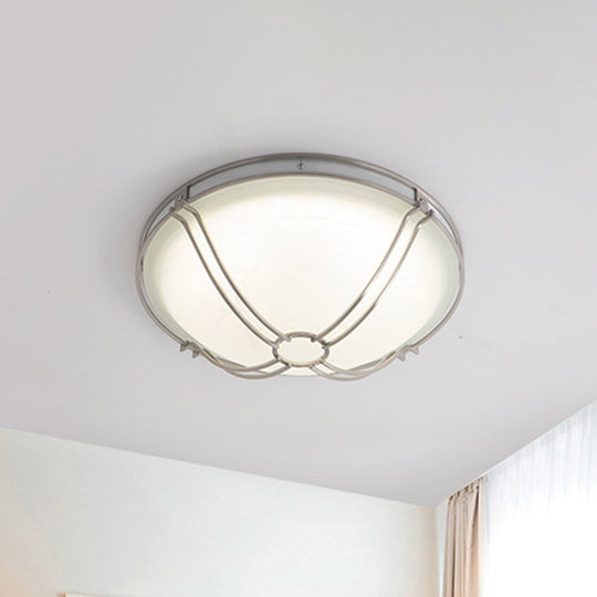 LED White Glass Flush Mount Ceiling Light with Metal Cage - Country Dome Fixture