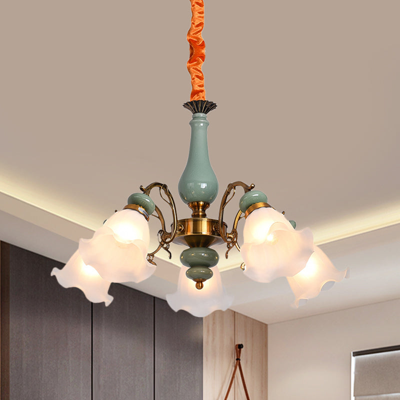 Opal Glass Ceiling Chandelier With Flower Design - Traditional 3/5 Heads Light Blue/Pewter 5 /