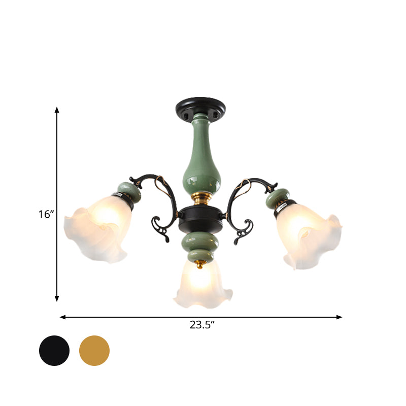 Plafonnier semi-monté en verre opale à motif floral doré/noir avec 3/5 têtes d'éclairage traditionnelles - Parfait pour les chambres
