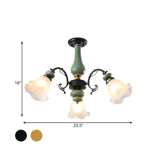Plafonnier semi-monté en verre opale à motif floral doré/noir avec 3/5 têtes d'éclairage traditionnelles - Parfait pour les chambres