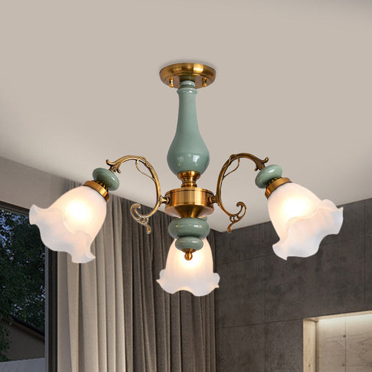 Plafonnier semi-monté en verre opale à motif floral doré/noir avec 3/5 têtes d'éclairage traditionnelles - Parfait pour les chambres