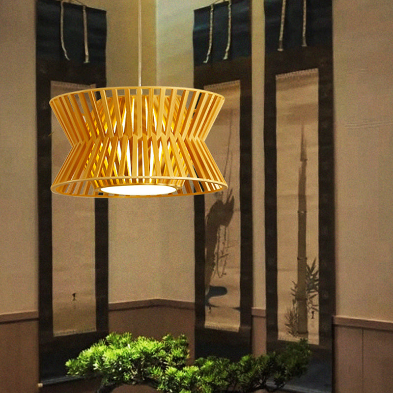 Curvaceous Asian Wood Pendant Light - Beige Suspended Lighting Fixture (1-Light 16/19.5 Wide)