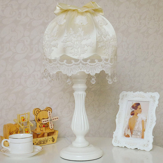 Contemporary Dome Nightstand Lamp - Cream Fabric Shade Wood Base Table Light With Drape