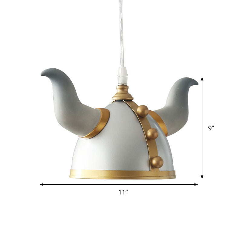 Nordic Metal Pendant Lamp - Ox Horn Helmet Hanging Light Fixture Single Bulb Gray Finish Perfect For
