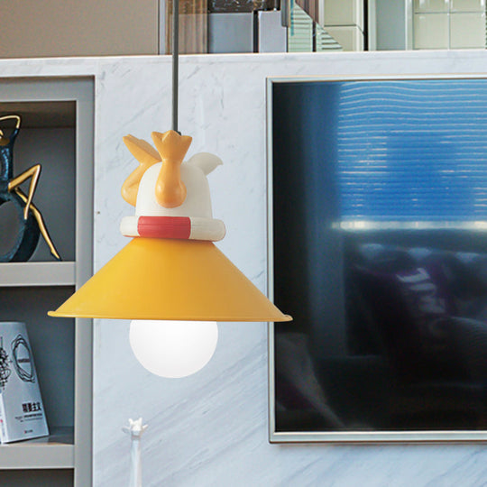 Cartoon Yellow Animals Hanging Lamp Kit - Single Bulb Pendant Lighting With Conic Resin Shade