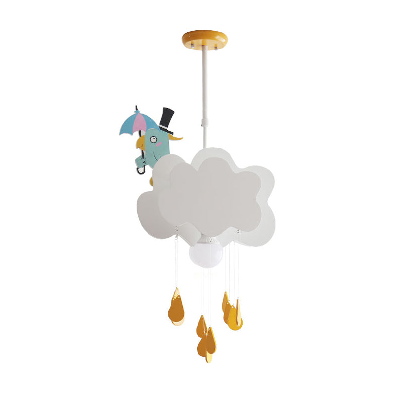 Kids White Pendant Light With Cloud And Birds Wood Shade - Bedroom Ceiling Hanging