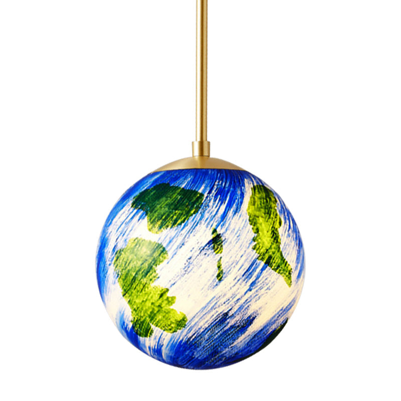 Cartoon Brass Pendulum Lamp With Blue Glass Shade - 1 Light Bedside Suspension 6/10 Wide