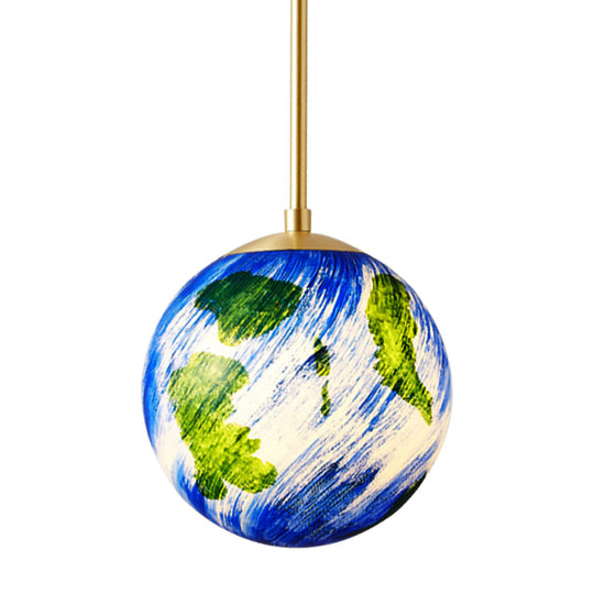 Cartoon Brass Pendulum Lamp With Blue Glass Shade - 1 Light Bedside Suspension 6/10 Wide