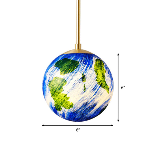 Cartoon Brass Pendulum Lamp With Blue Glass Shade - 1 Light Bedside Suspension 6/10 Wide