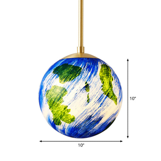 Cartoon Brass Pendulum Lamp With Blue Glass Shade - 1 Light Bedside Suspension 6/10 Wide